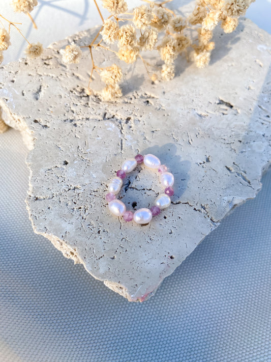 Freshwater Pearl and Pink Tourmaline Stretch Ring