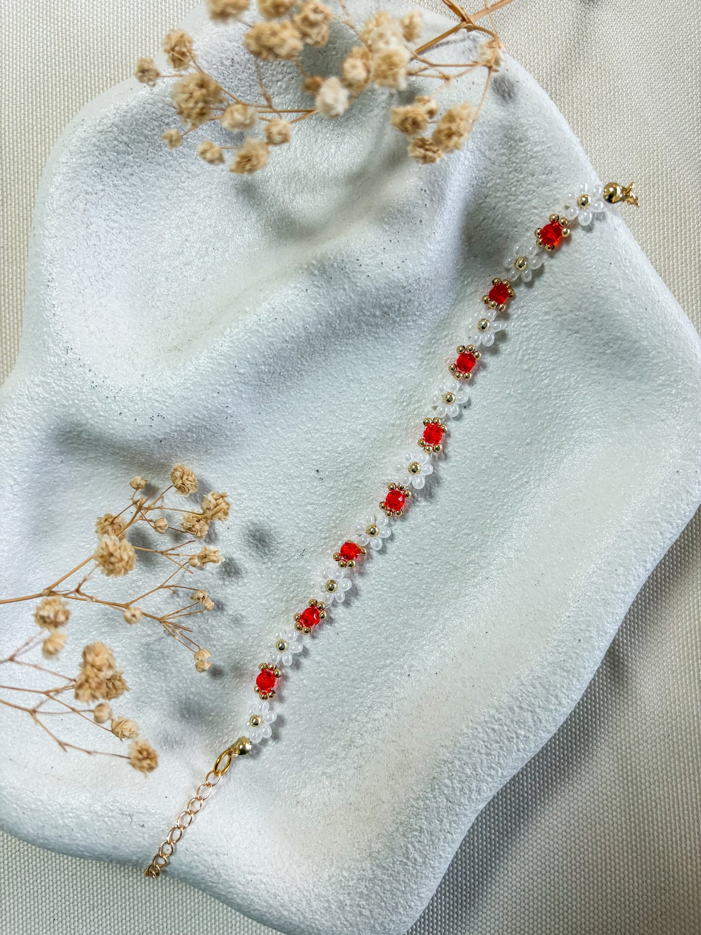 Red and White Beaded Flower Bracelet