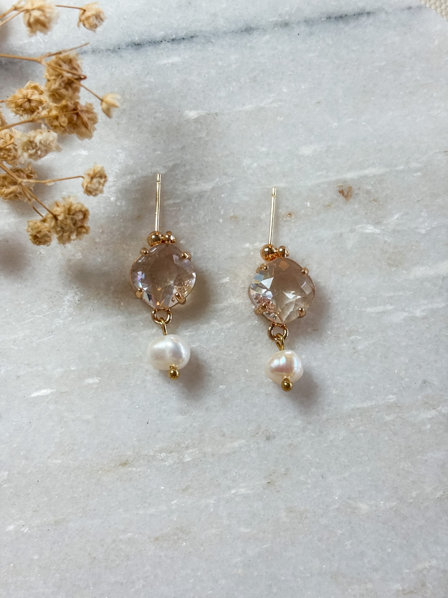 Clear Cubic Zirconia and Pearl Dangles | 18k Gold