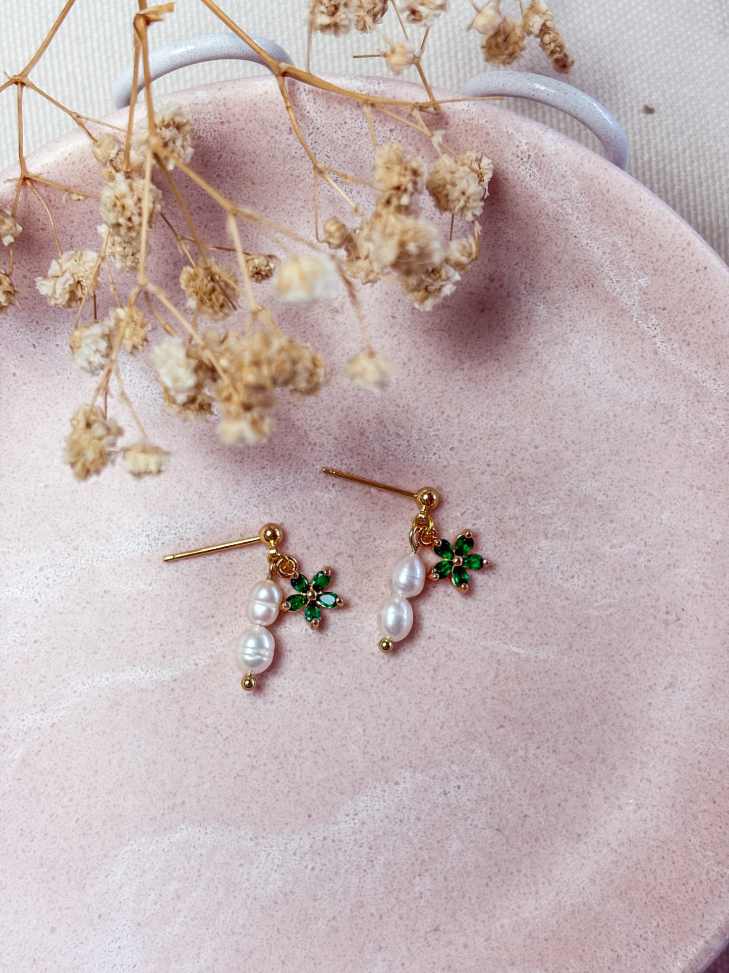 18k Gold Green Flower with Pearl Dangles