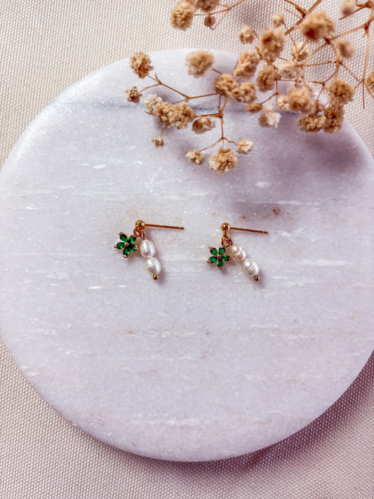 18k Gold Green Flower with Pearl Dangles