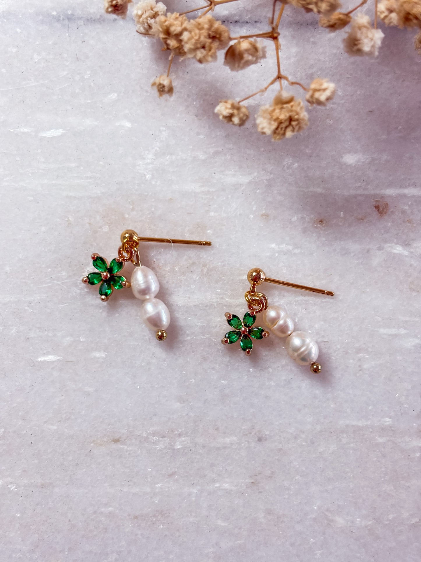 18k Gold Green Flower with Pearl Dangles