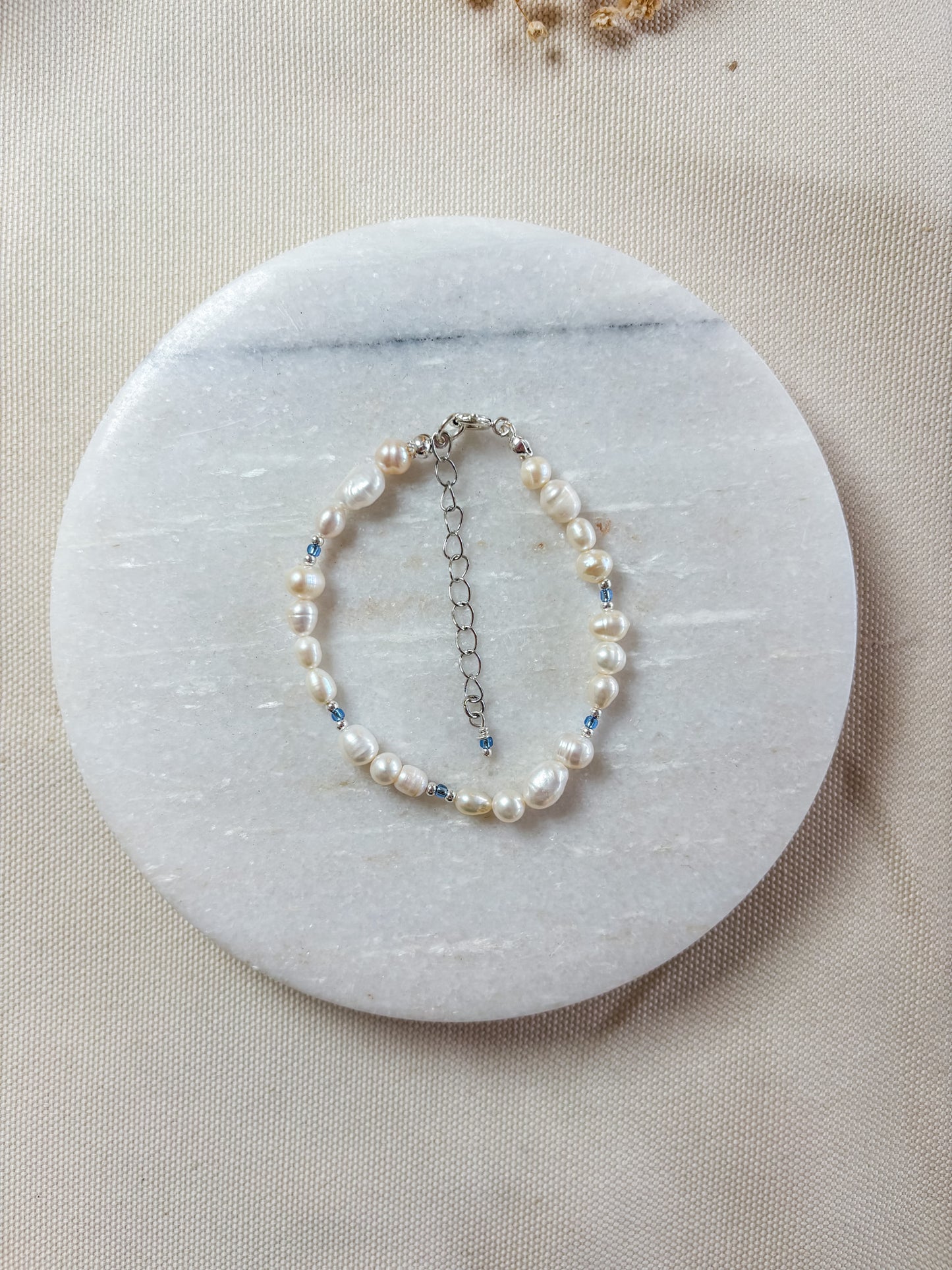 Freshwater Pearl Bracelet with Silver and Blue Beads | Sterling Silver