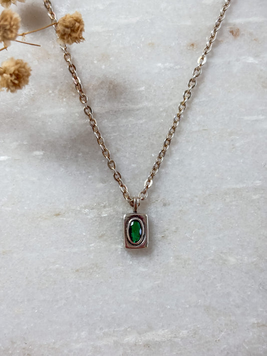 Rectangle Pendant with Green Cubic Zirconia Necklace | Sterling Silver