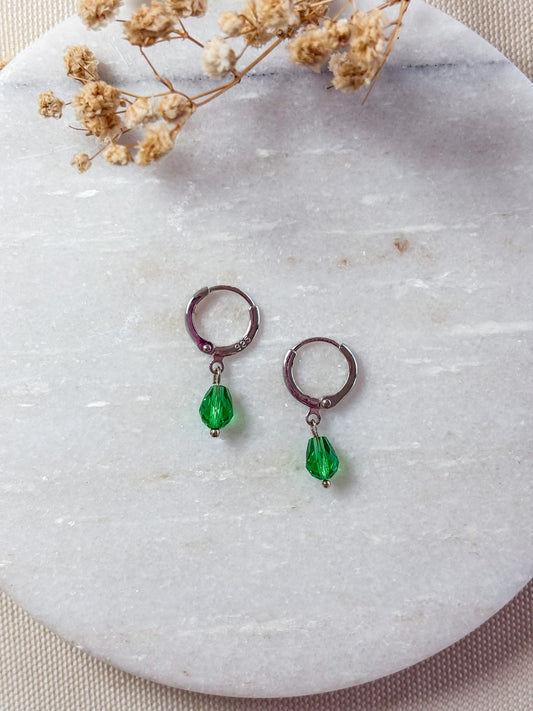 Green Crystal Huggies | Sterling Silver