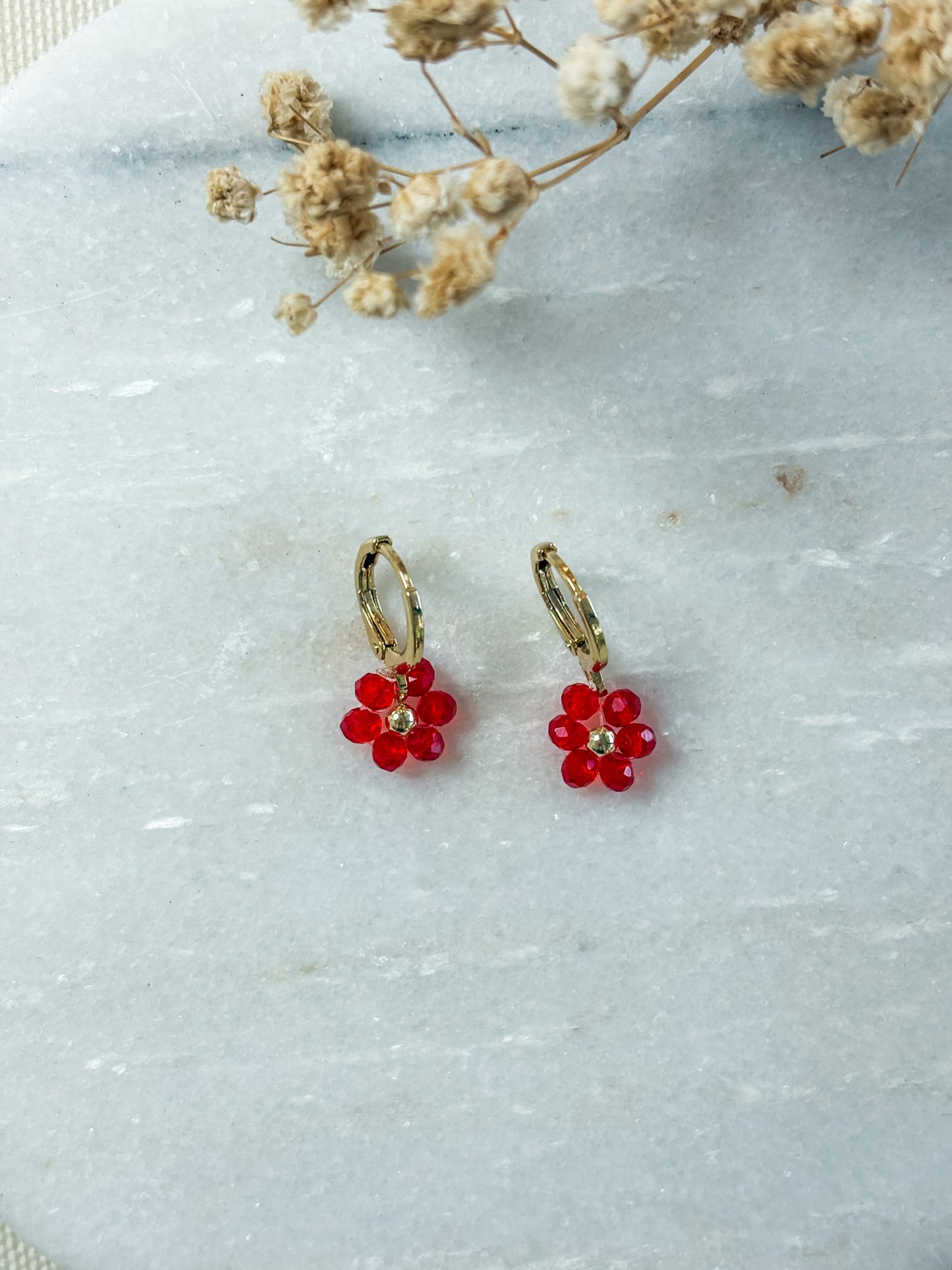 Red Beaded Flower Dangle | 18k Gold