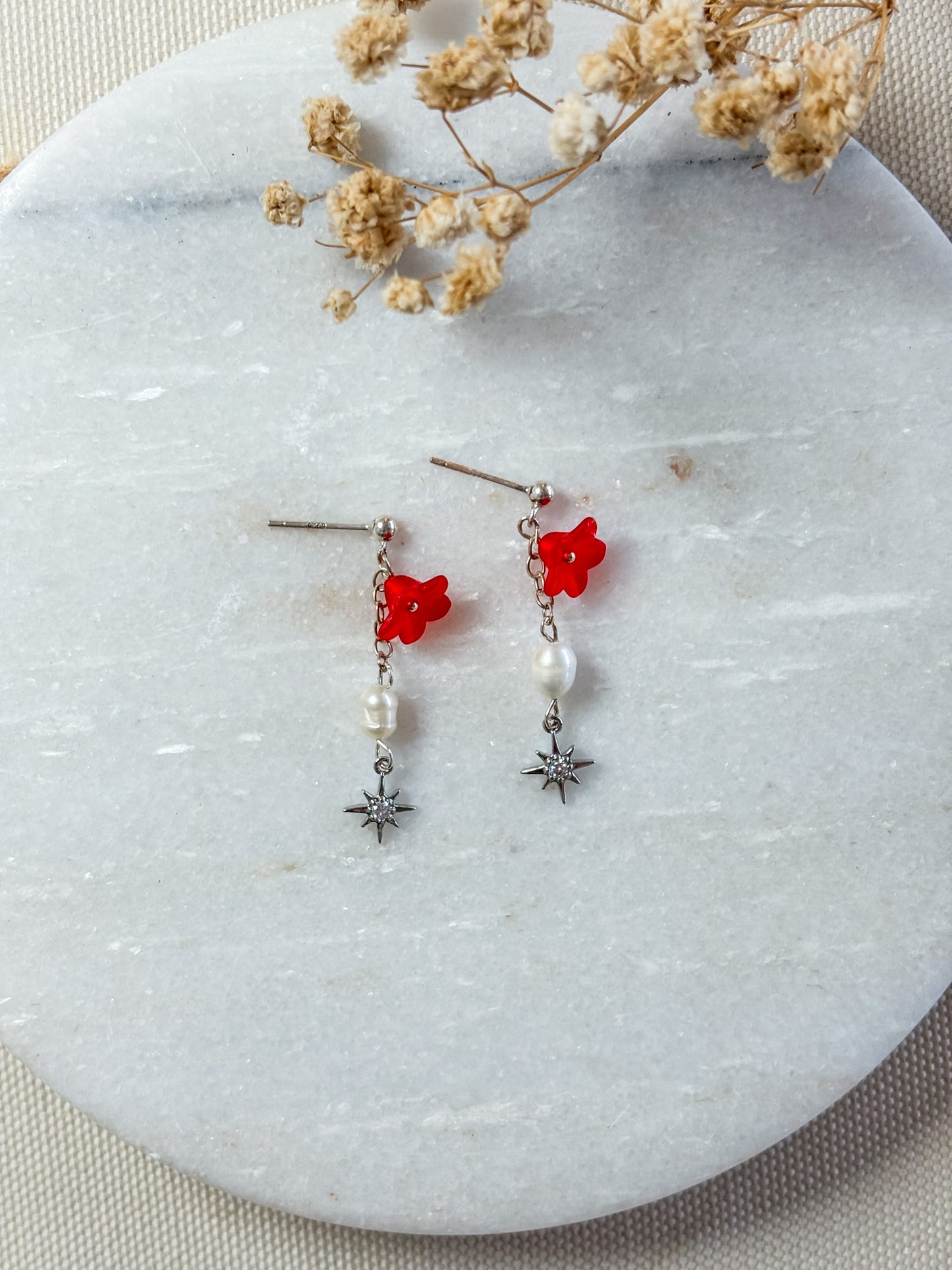 Red Flower with Pearl and Star Dangles