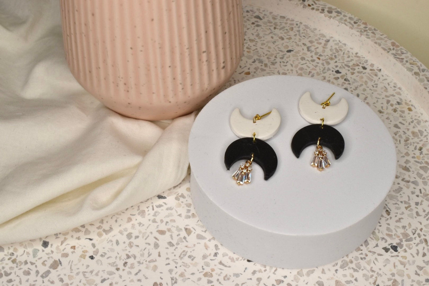 Black and White Opposite Moon Dangles with Cubic Zirconia Charm