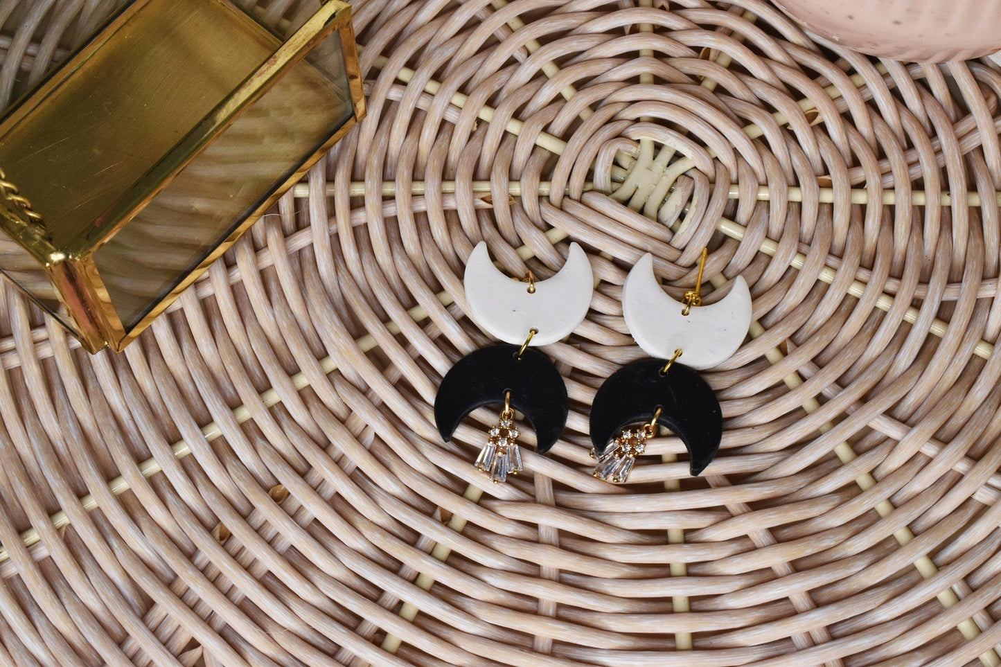 Black and White Opposite Moon Dangles with Cubic Zirconia Charm