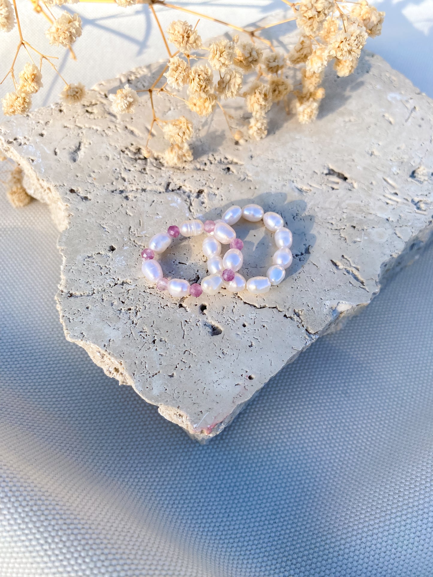 Freshwater Pearl and Pink Tourmaline Stretch Ring