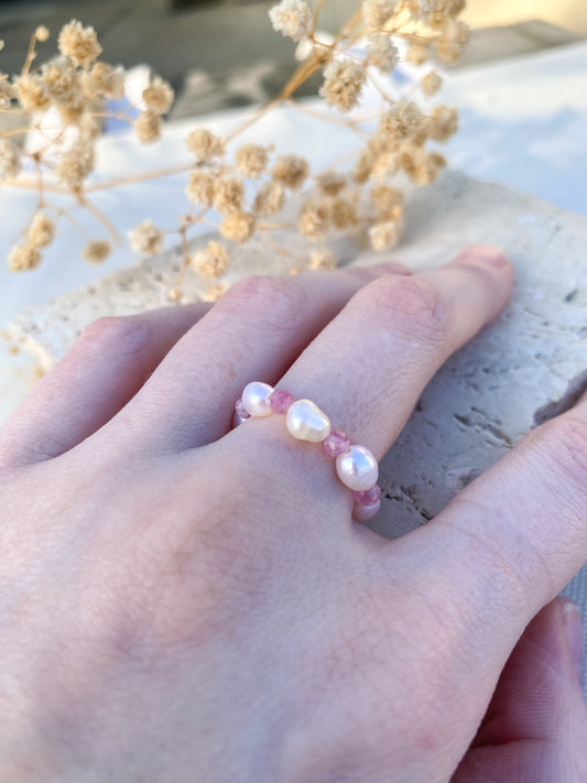 Freshwater Pearl and Pink Tourmaline Stretch Ring