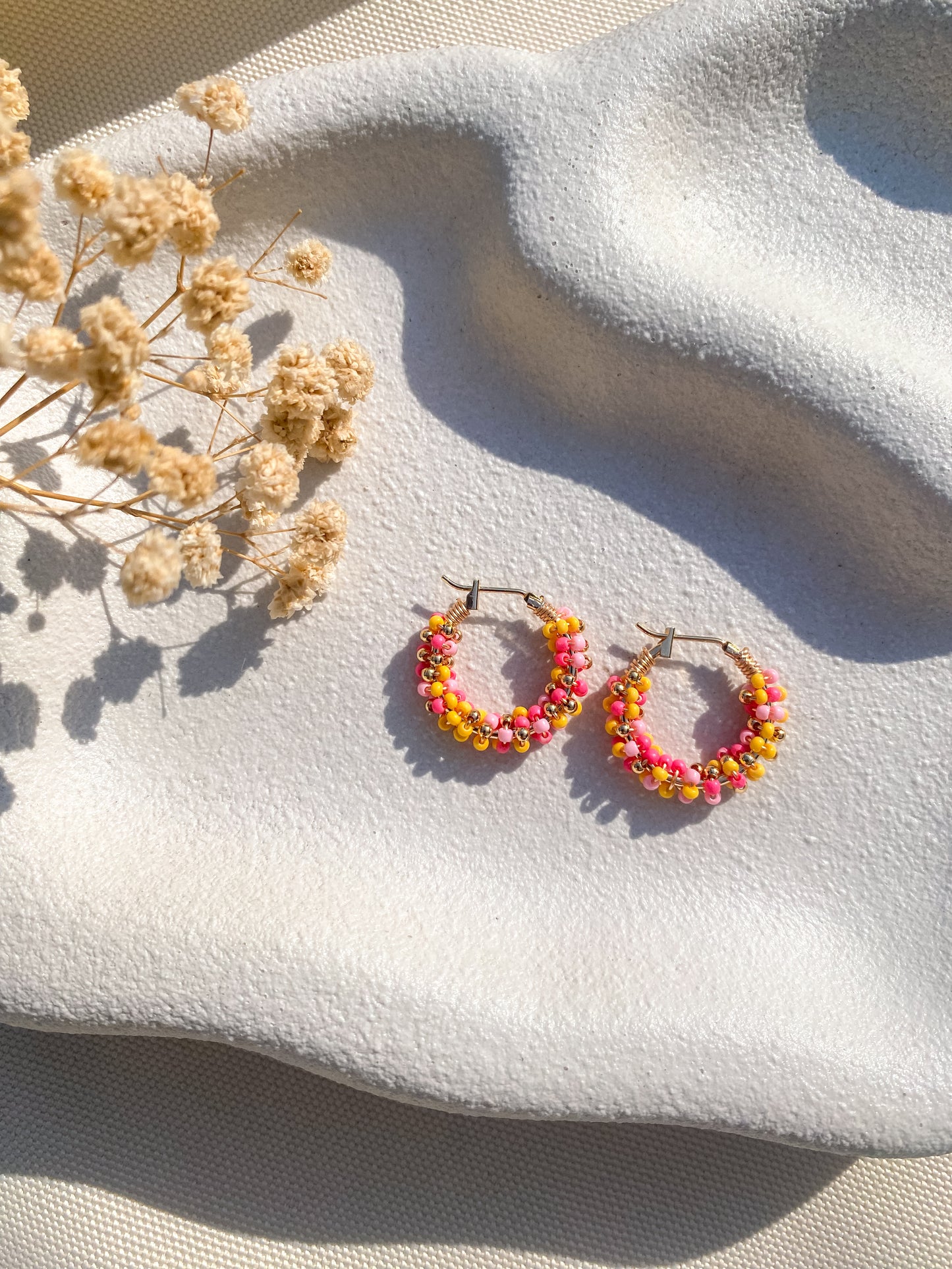 Pink and Yellow Beaded Hoops | 18k Gold