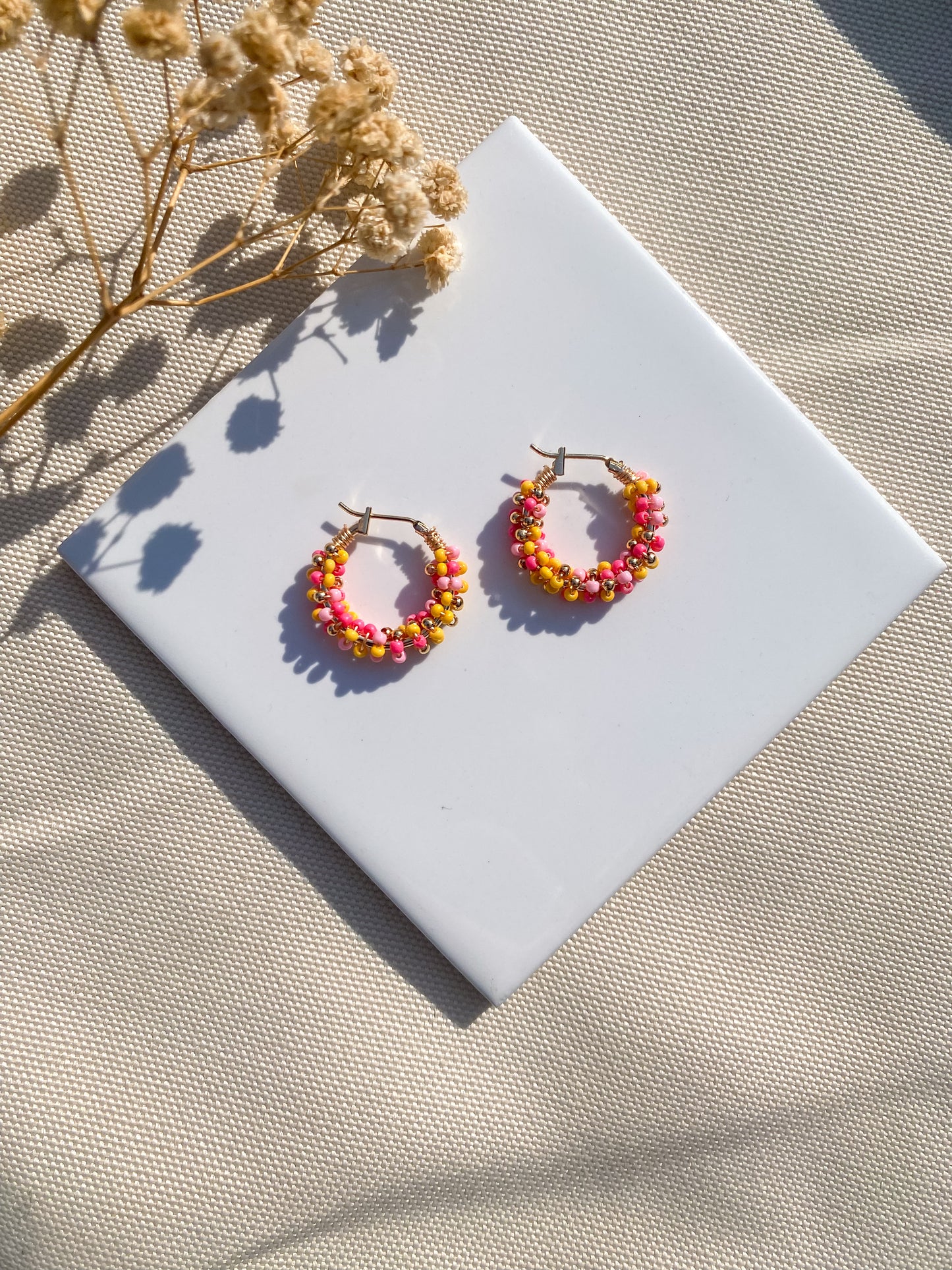 Pink and Yellow Beaded Hoops | 18k Gold