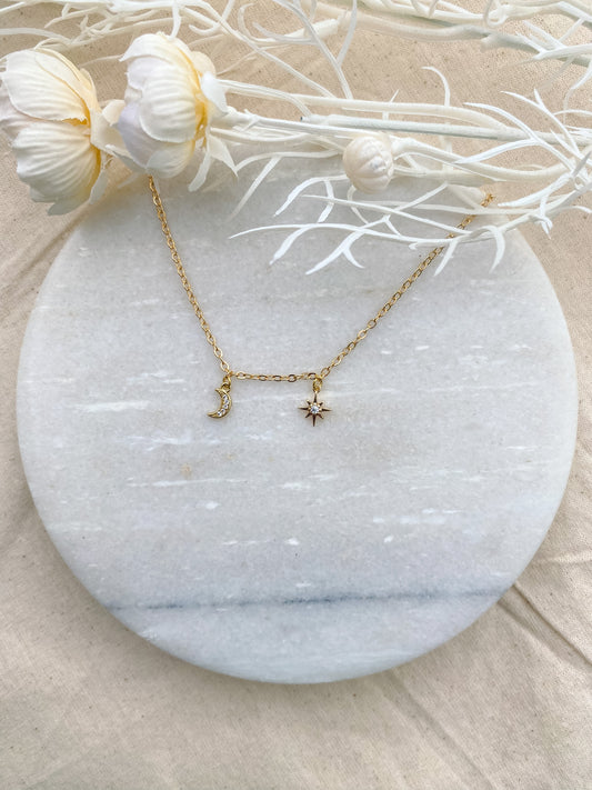 Star and Moon Necklace | 18k Gold