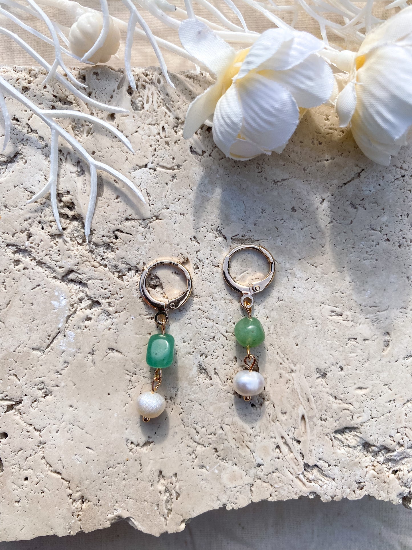 Green Aventurine and Pearl Huggies