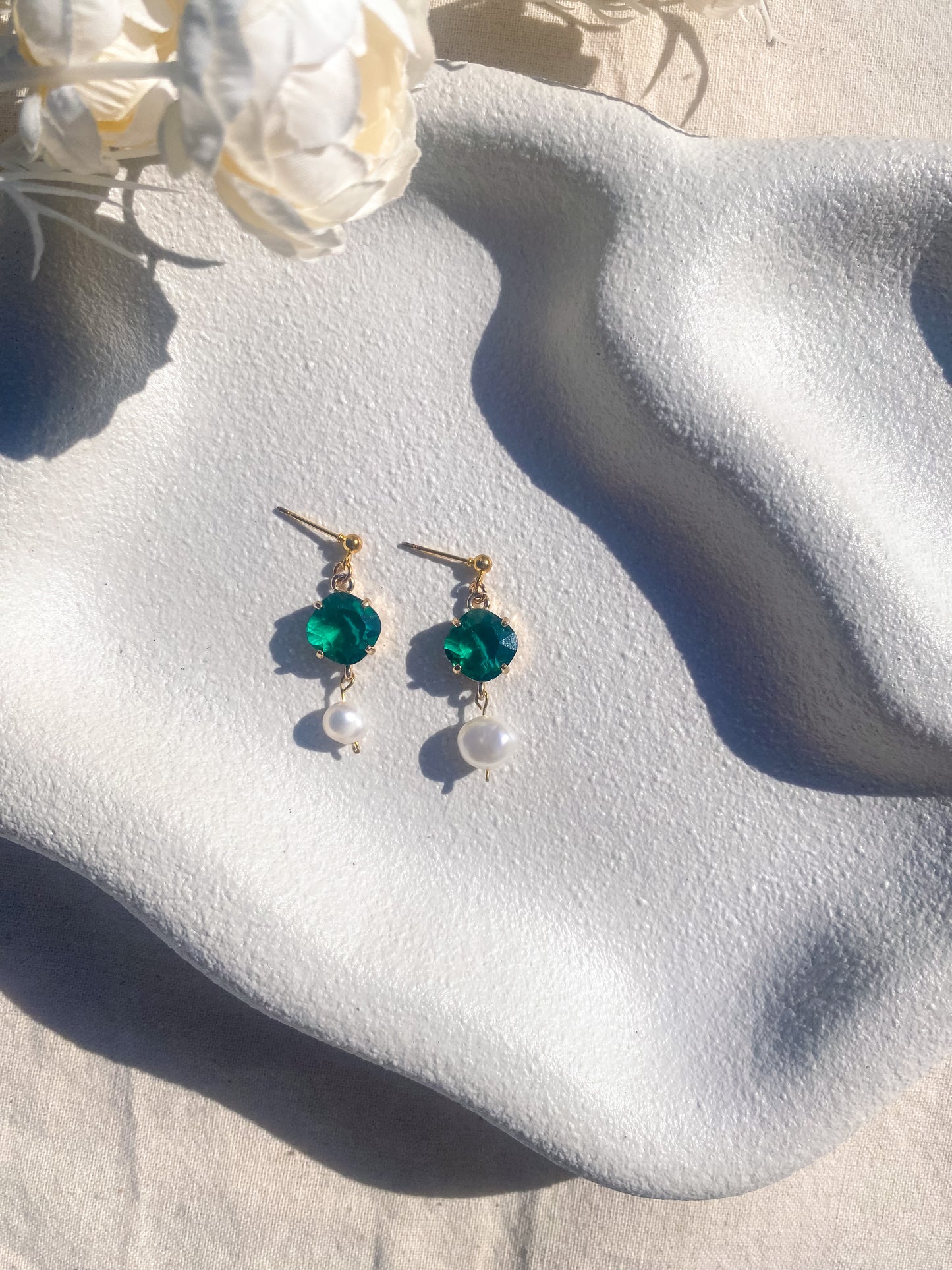 Green Cubic Zirconia and Pearl Dangles