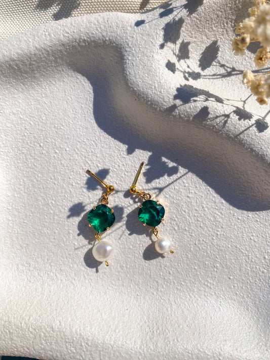 Green Cubic Zirconia and Pearl Dangles