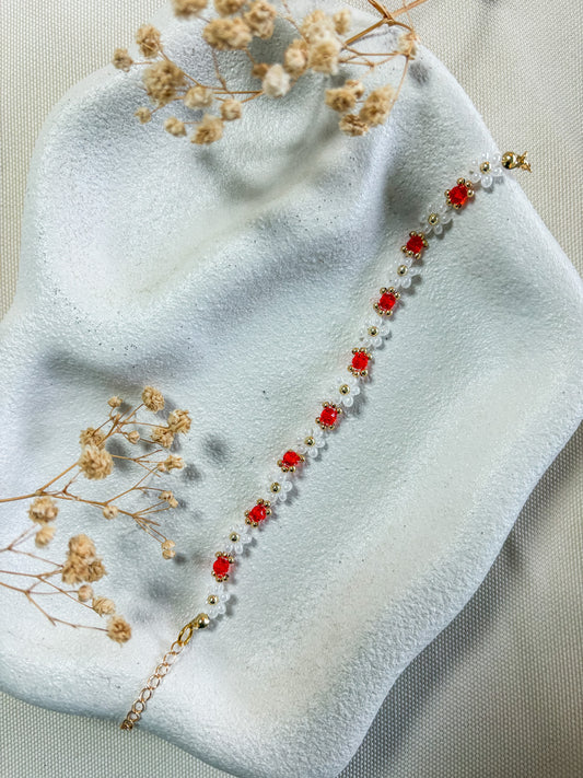 Red and White Beaded Flower Bracelet