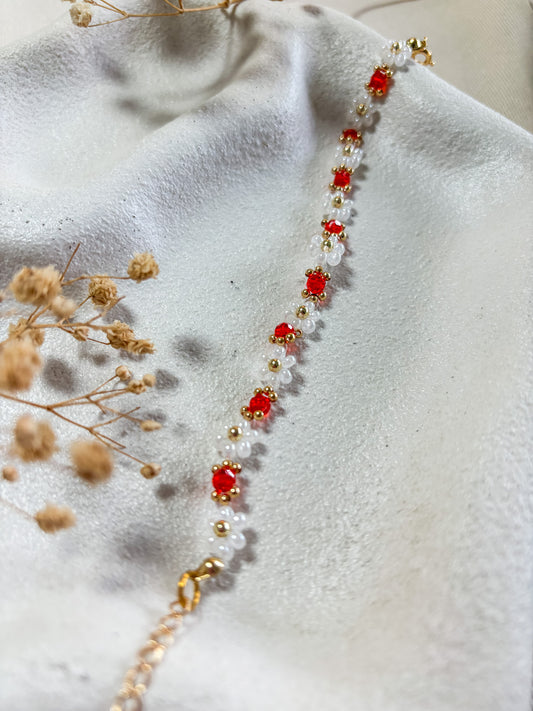 Red and White Beaded Flower Bracelet