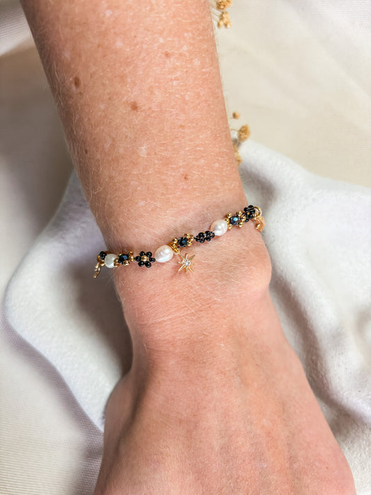 Black Beaded Flower Bracelet with Moon and Stars