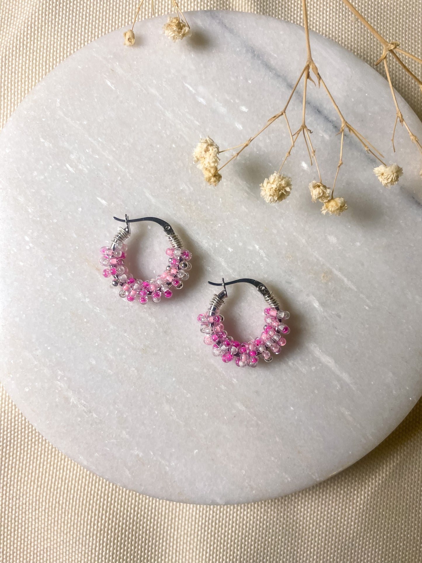 Pink and White Beaded Hoops | Sterling Silver