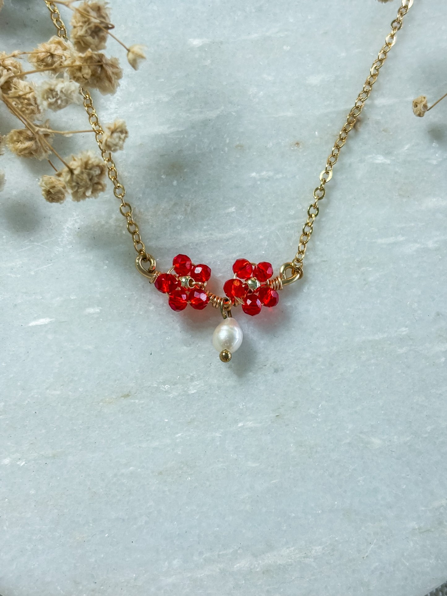 Red Beaded Flower with Freshwater Pearl Dangle Necklace
