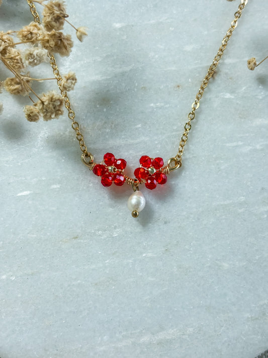 Red Beaded Flower with Freshwater Pearl Dangle Necklace