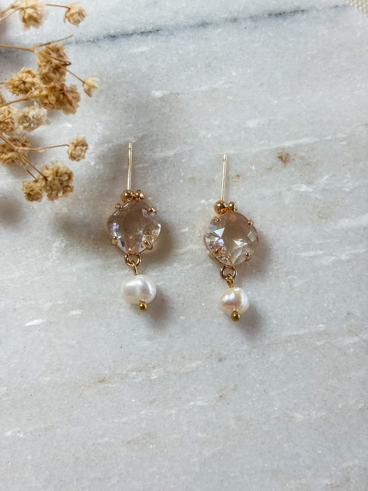 Clear Cubic Zirconia and Pearl Dangles | 18k Gold