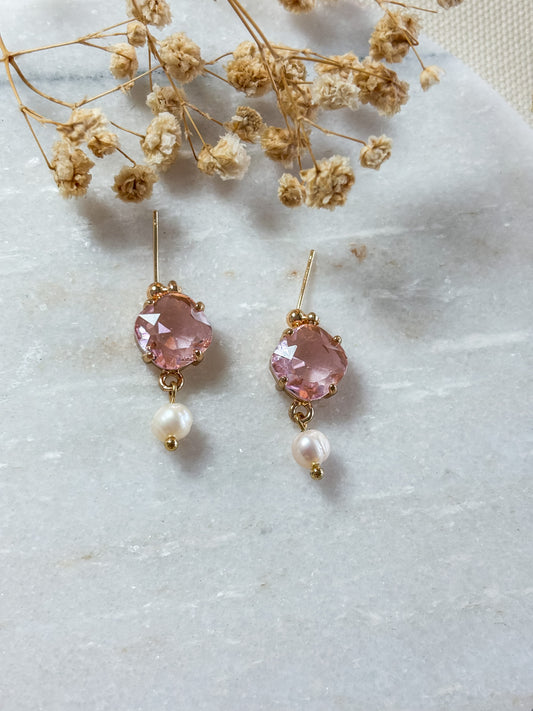 Pink Cubic Zirconia and Pearl Dangles | 18k Gold