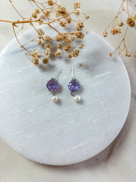 Purple Cubic Zirconia and Pearl Dangles | Silver
