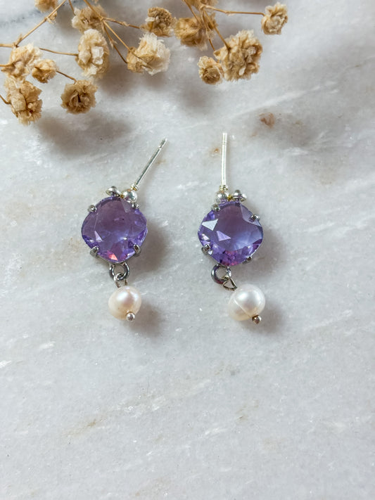 Purple Cubic Zirconia and Pearl Dangles | Silver