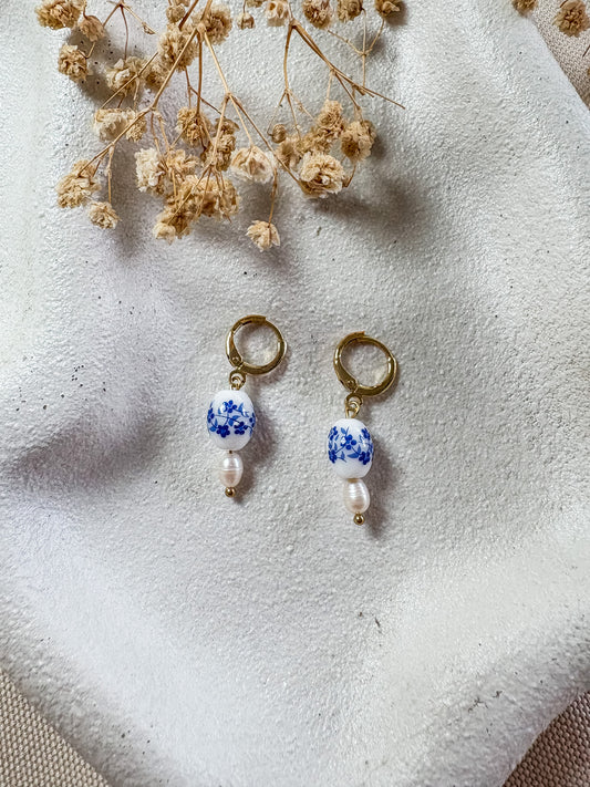 Porcelain Bead with Pearl Huggies | 18k Gold Plated