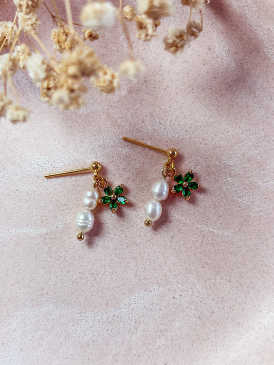 18k Gold Green Flower with Pearl Dangles