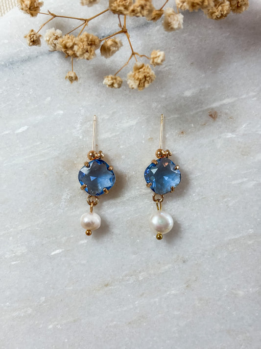Blue Cubic Zirconia and Pearl Dangles | 18k Gold