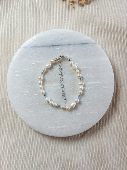 Freshwater Pearl Bracelet with Silver and Blue Beads | Sterling Silver