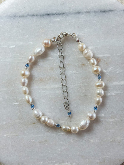 Freshwater Pearl Bracelet with Silver and Blue Beads | Sterling Silver