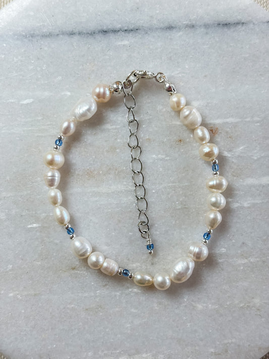 Freshwater Pearl Bracelet with Silver and Blue Beads | Sterling Silver