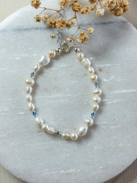 Freshwater Pearl Bracelet with Silver and Blue Beads | Sterling Silver
