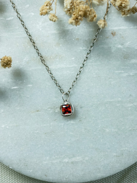 Cubic Zirconia Irregular Square Charm Necklace | Red