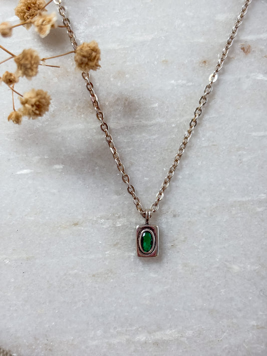 Rectangle Pendant with Green Cubic Zirconia Necklace | Sterling Silver
