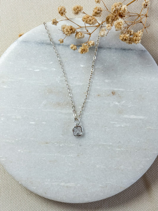 Cubic Zirconia Irregular Square Charm Necklace | Clear