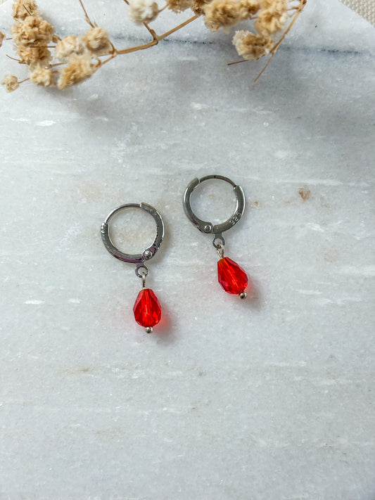 Red Crystal Huggies | Sterling Silver