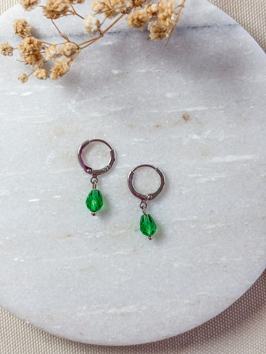 Green Crystal Huggies | Sterling Silver