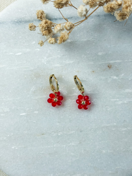 Red Beaded Flower Dangle | 18k Gold