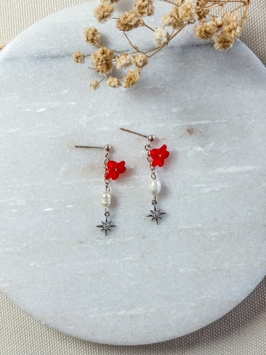 Red Flower with Pearl and Star Dangles