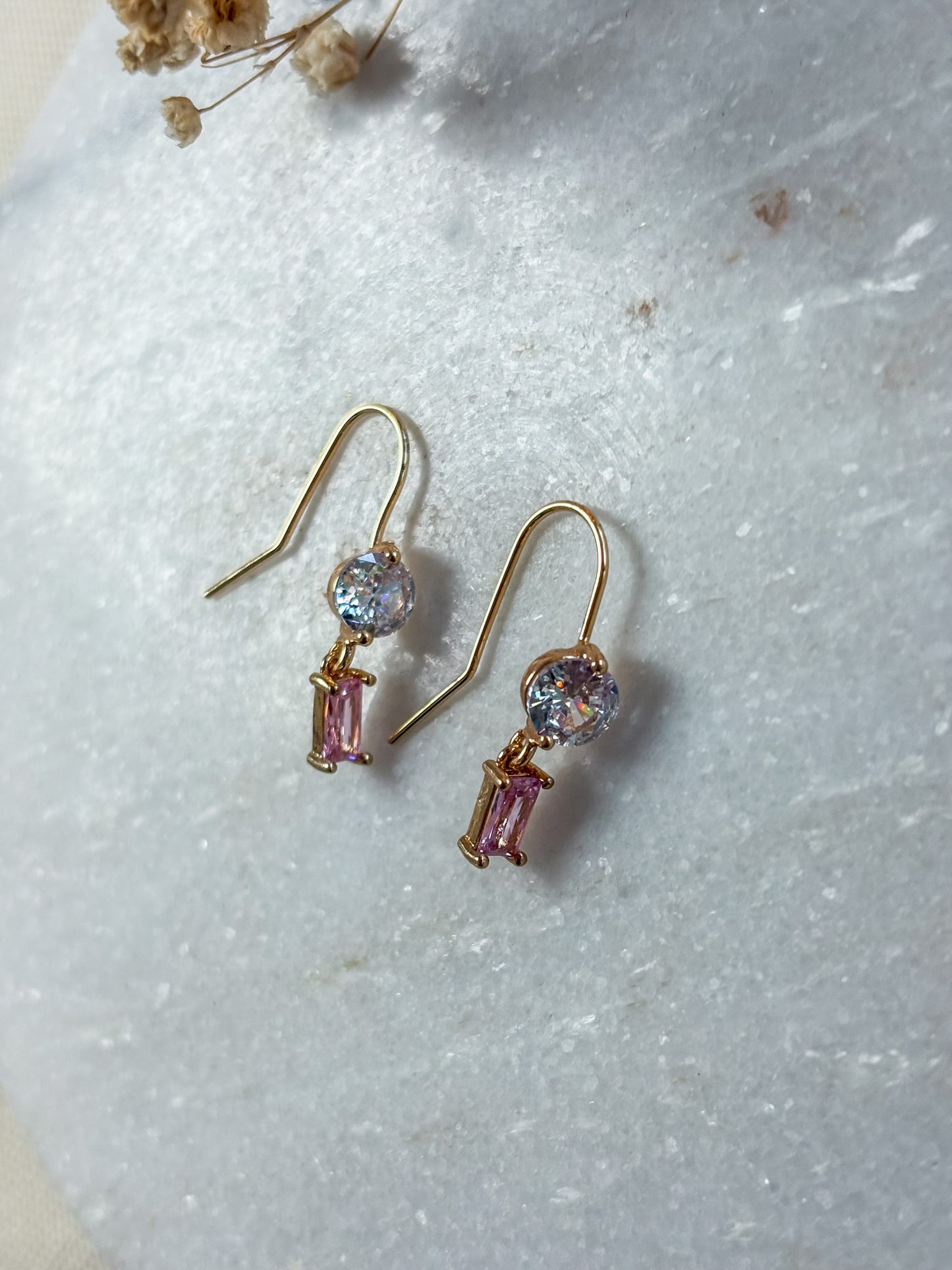 Cubic Zirconia Hook with Pink Rectangle Dangle | 18k Gold