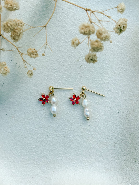 18k Gold Red Flower with Pearl Dangles