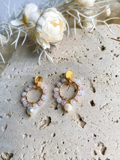 Blush Wire Wrapped Circles with Freshwater Pearl Earrings