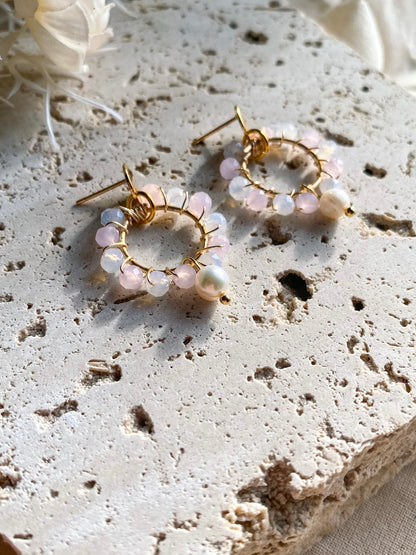 Blush Wire Wrapped Circles with Freshwater Pearl Earrings