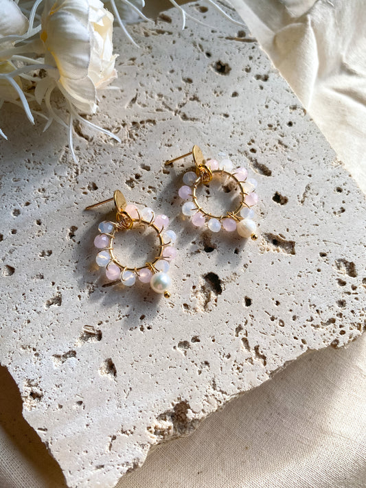 Blush Wire Wrapped Circles with Freshwater Pearl Earrings